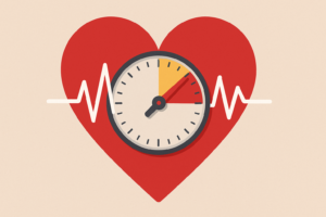Ilustração de coração com ponteiros indicando taquicardia e ritmo cardíaco acelerado em repouso