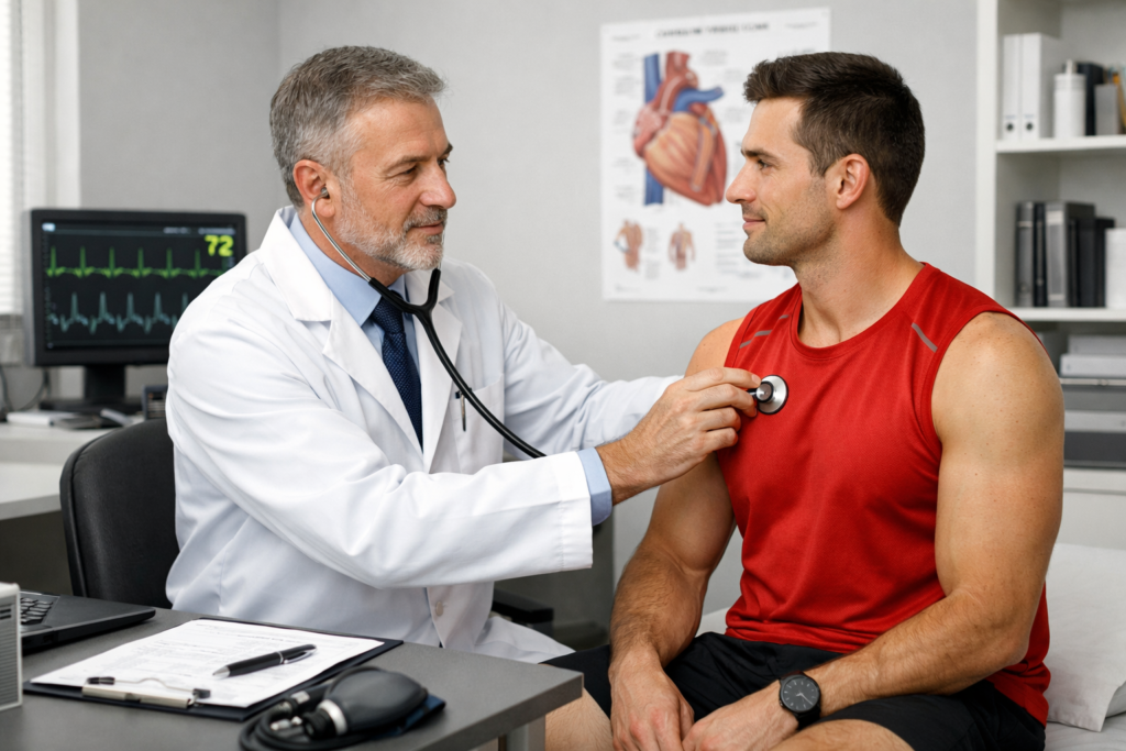 Avaliação pré-participação esportiva realizada por cardiologista em consultório