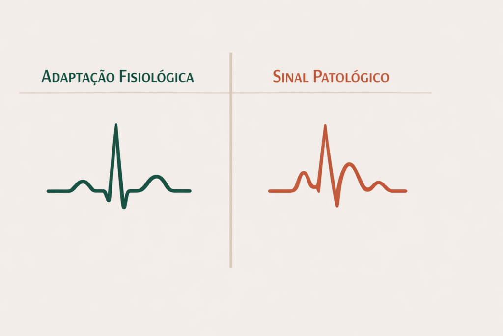 Infográfico comparando adaptações fisiológicas do coração de atleta com alterações patológicas no ECG