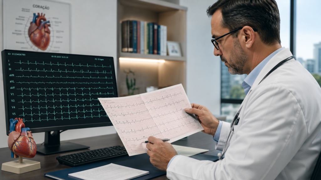Cardiologista analisando eletrocardiograma para diagnóstico de fibrilação atrial em atleta