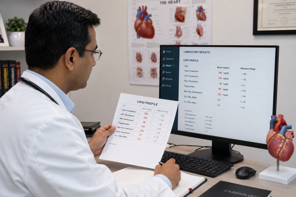 Médico cardiologista analisando perfil lipídico e exames de sangue para avaliação do colesterol de paciente]