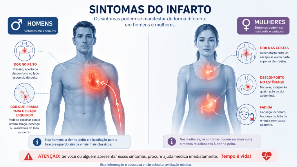 Comparação visual dos sintomas de infarto em homens e mulheres, mostrando as diferenças clínicas entre os sexos