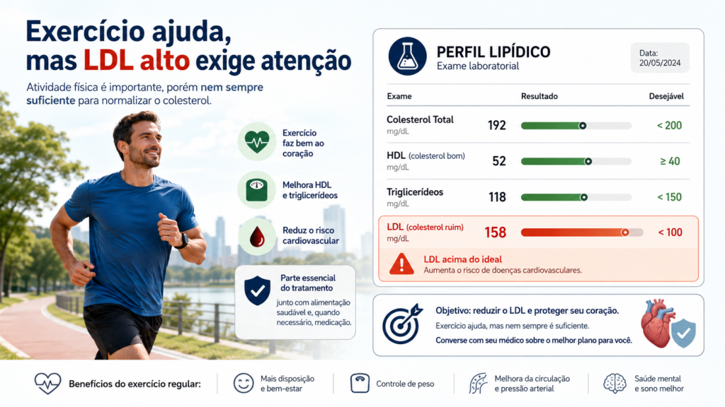 Pessoa praticando corrida ao lado de representação gráfica de colesterol LDL elevado, ilustrando que o exercício não garante controle total do colesterol]