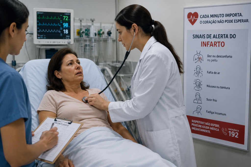 Mulher recebendo atendimento médico em emergência hospitalar, ilustrando a importância do diagnóstico rápido do infarto feminino