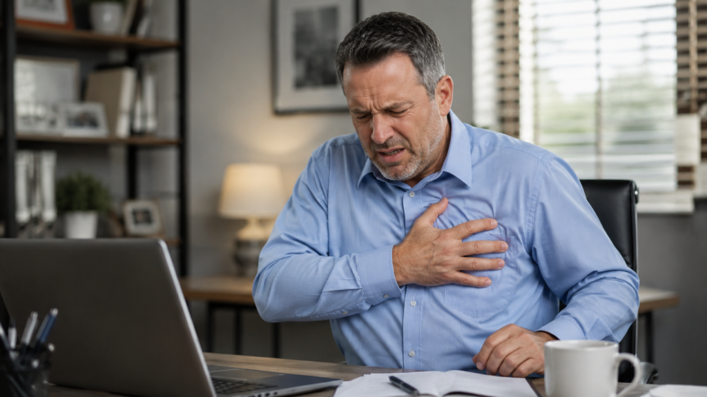 Homem de meia-idade com dor no peito, representando os sintomas clássicos do infarto do miocárdio em homens