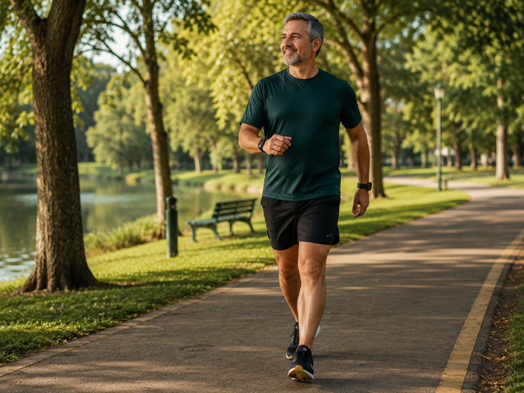 Pessoa praticando caminhada ao ar livre, representando o estilo de vida saudável como alicerce do tratamento da obesidade e da prevenção de doenças cardiovasculares