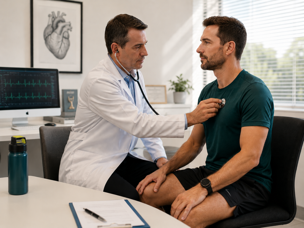 Cardiologista avaliando corredor em consultório antes da temporada de maratona, representando a avaliação pré-participação esportiva