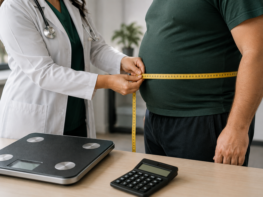 Profissional de saúde medindo circunferência abdominal de paciente, ao lado de balança e cálculo de IMC, representando a avaliação antropométrica completa recomendada pela diretriz de obesidade 2025