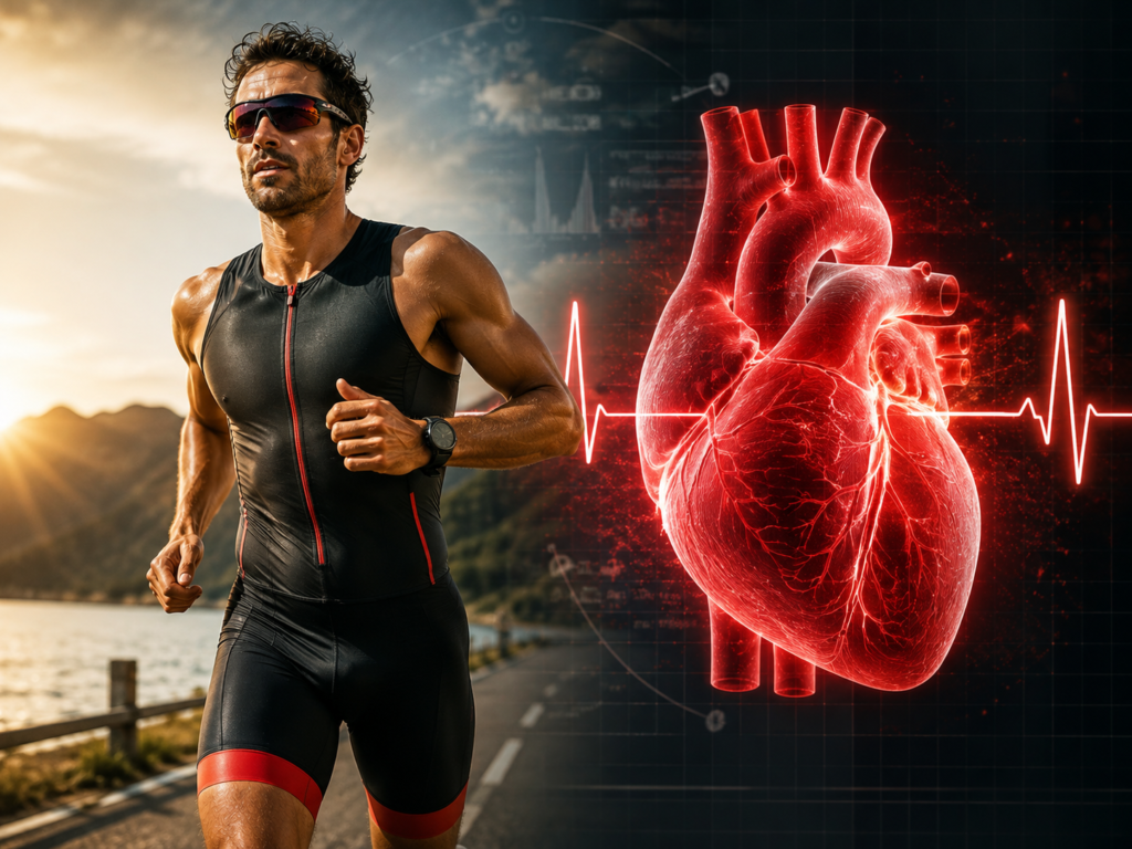 Atleta em movimento com representação do coração adaptado ao treinamento intenso, ilustrando o conceito de coração de atleta