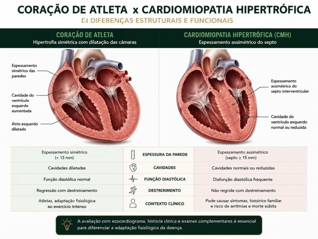 Comparação anatômica entre coração de atleta com hipertrofia simétrica e cardiomiopatia hipertrófica com espessamento assimétrico do septo interventricular