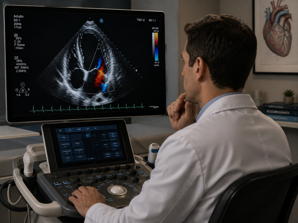 Cardiologista analisando ecocardiograma de corredor em monitor, representando o diagnóstico de condições cardíacas como cardiomiopatia hipertrófica na avaliação pré-maratona