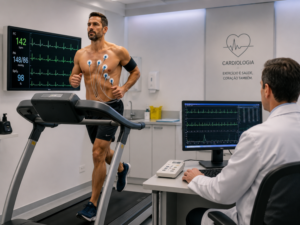 Corredor realizando teste ergométrico em esteira com monitoramento cardiológico, representando o exame essencial na avaliação pré-maratona